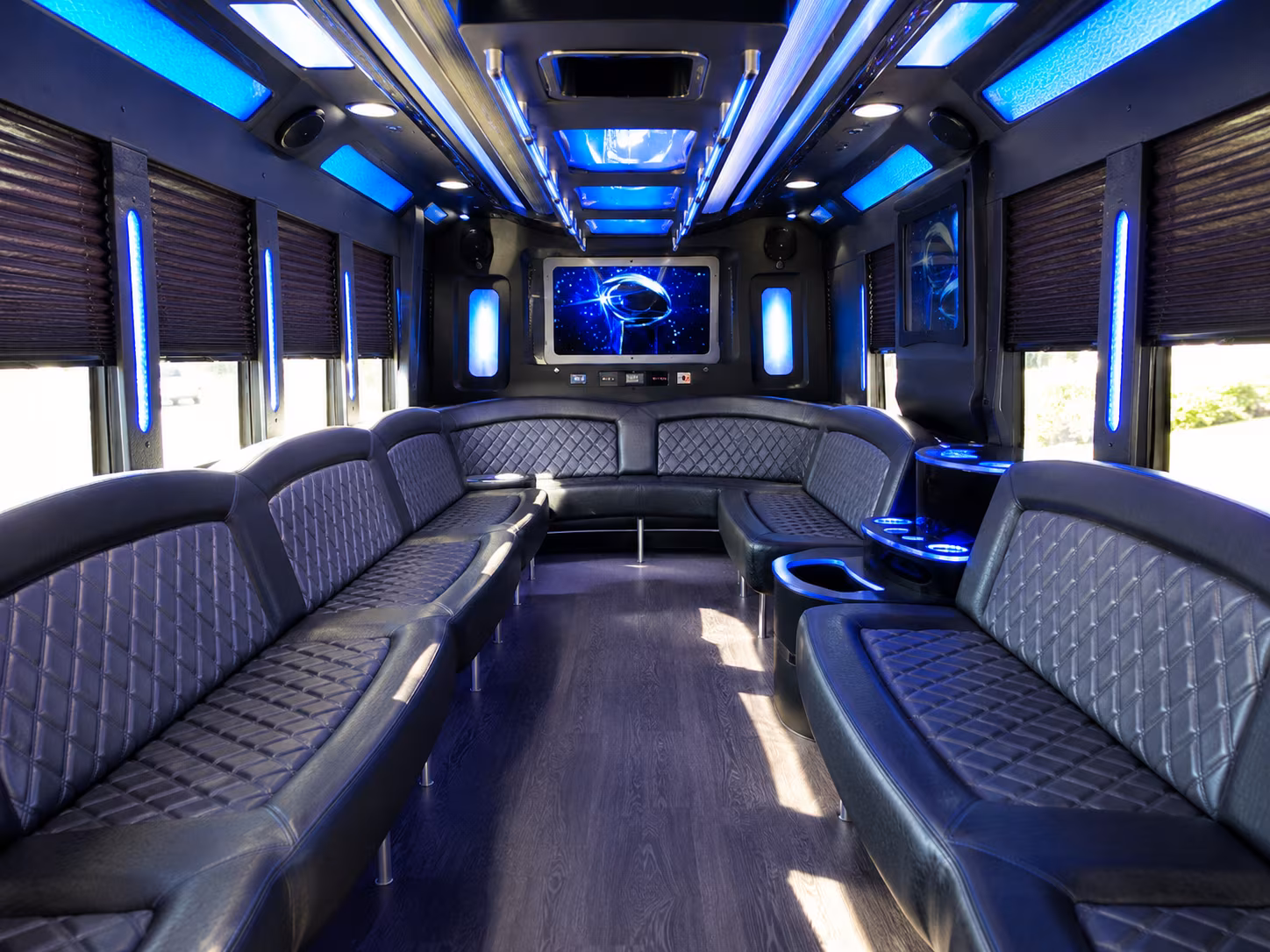 Interior of a party bus rental serving Daytona Beach